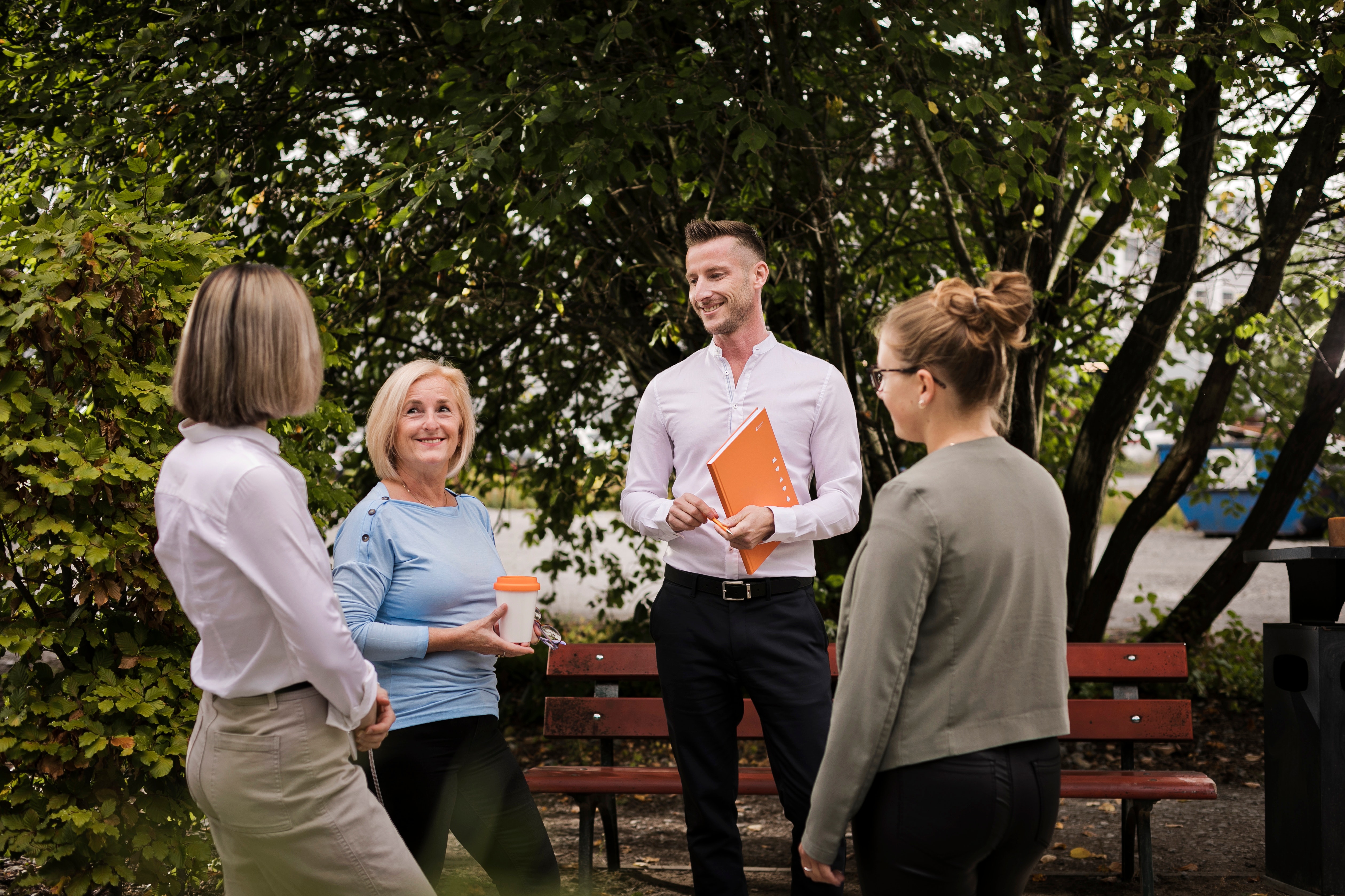 A group of employees talking