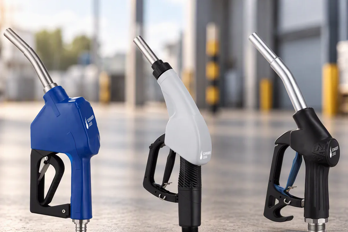 AdBlue Zapfpistolen Drei AdBlue®-Zapfpistolen in Blau, Weiß und Schwarz mit metallischen Auslaufrohren auf Betonboden vor unscharfem Industriehintergrund.
