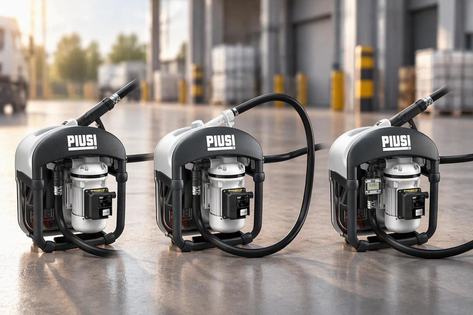 AdBlue Zapfsäulen Drei kompakte PIUSI AdBlue®-Pumpensysteme mit schwarzen Schläuchen, rechts mit digitalem Zähler, auf Betonboden vor unscharfem Industriehintergrund.