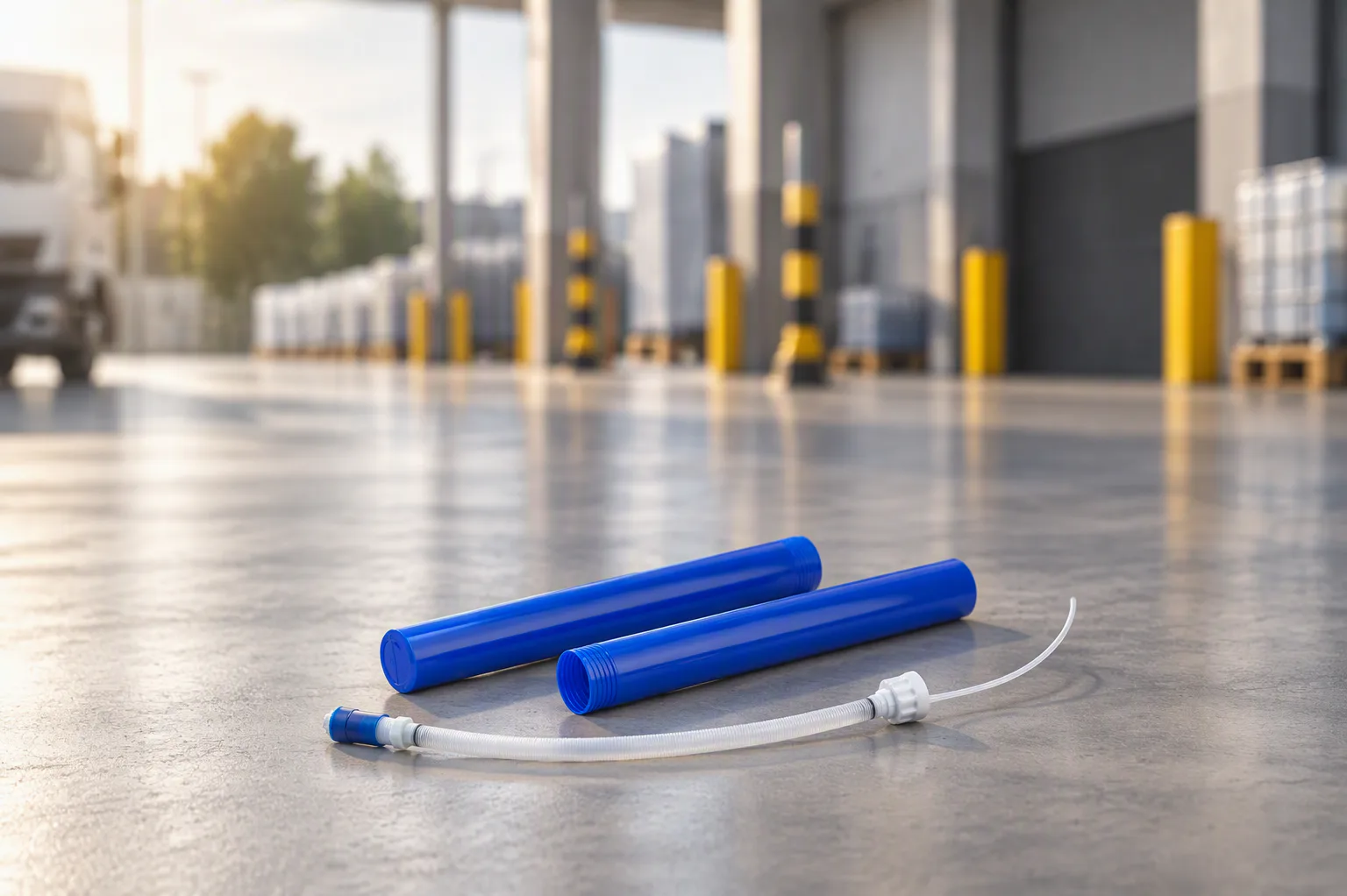 AdBlue Zubehör Weißer AdBlue®-Befüllschlauch mit Anschlussstücken und zwei blauen Schutzrohren auf Betonboden vor unscharfem Industriehintergrund.