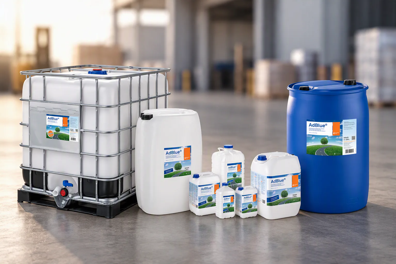 AdBlue Produkte AdBlue®-Gebinde in verschiedenen Größen: IBC-Container, weiße Kanister und blaues Fass auf Betonboden vor unscharfem Industriehintergrund.