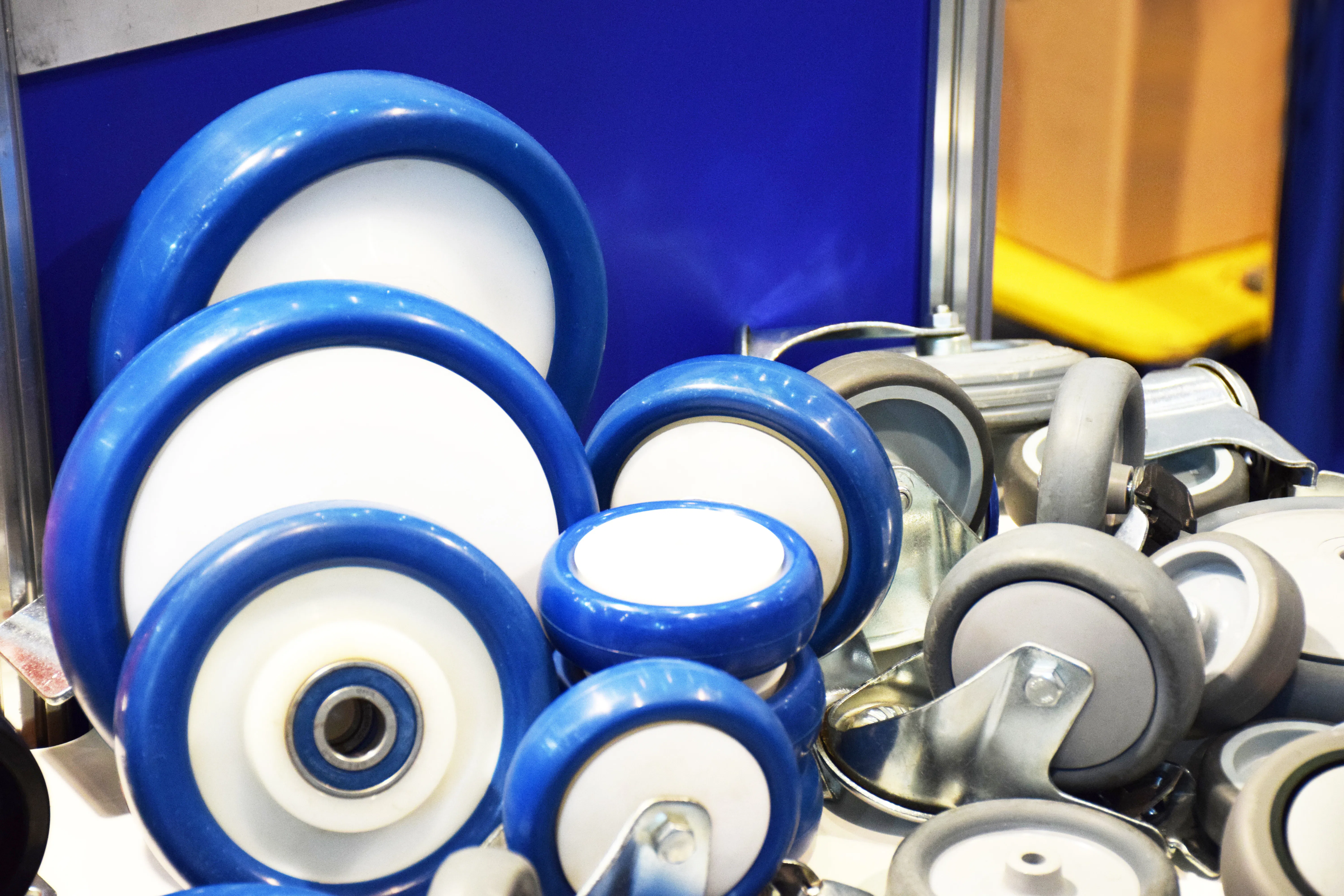 Industrial blue urethane on plastic core wheels Industrial blue urethane on plastic core wheels