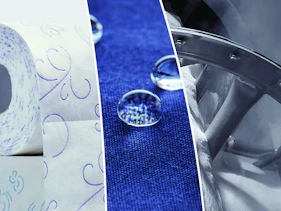 Three segments image 3 in 1 Image of partial cuts toilet paper, water repellent fabrics, mixer