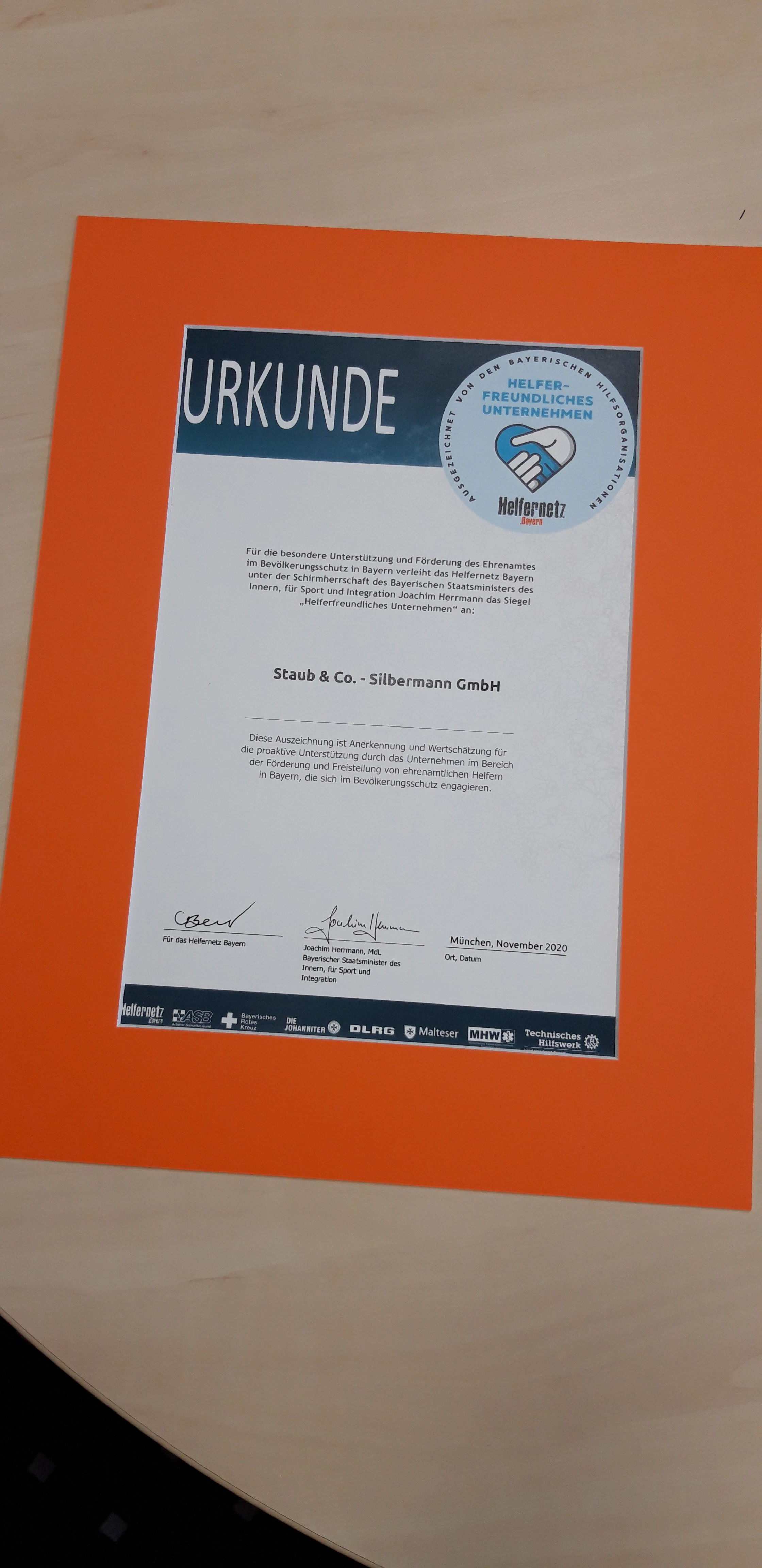“Helferfreundliches Unternehmen” certificate