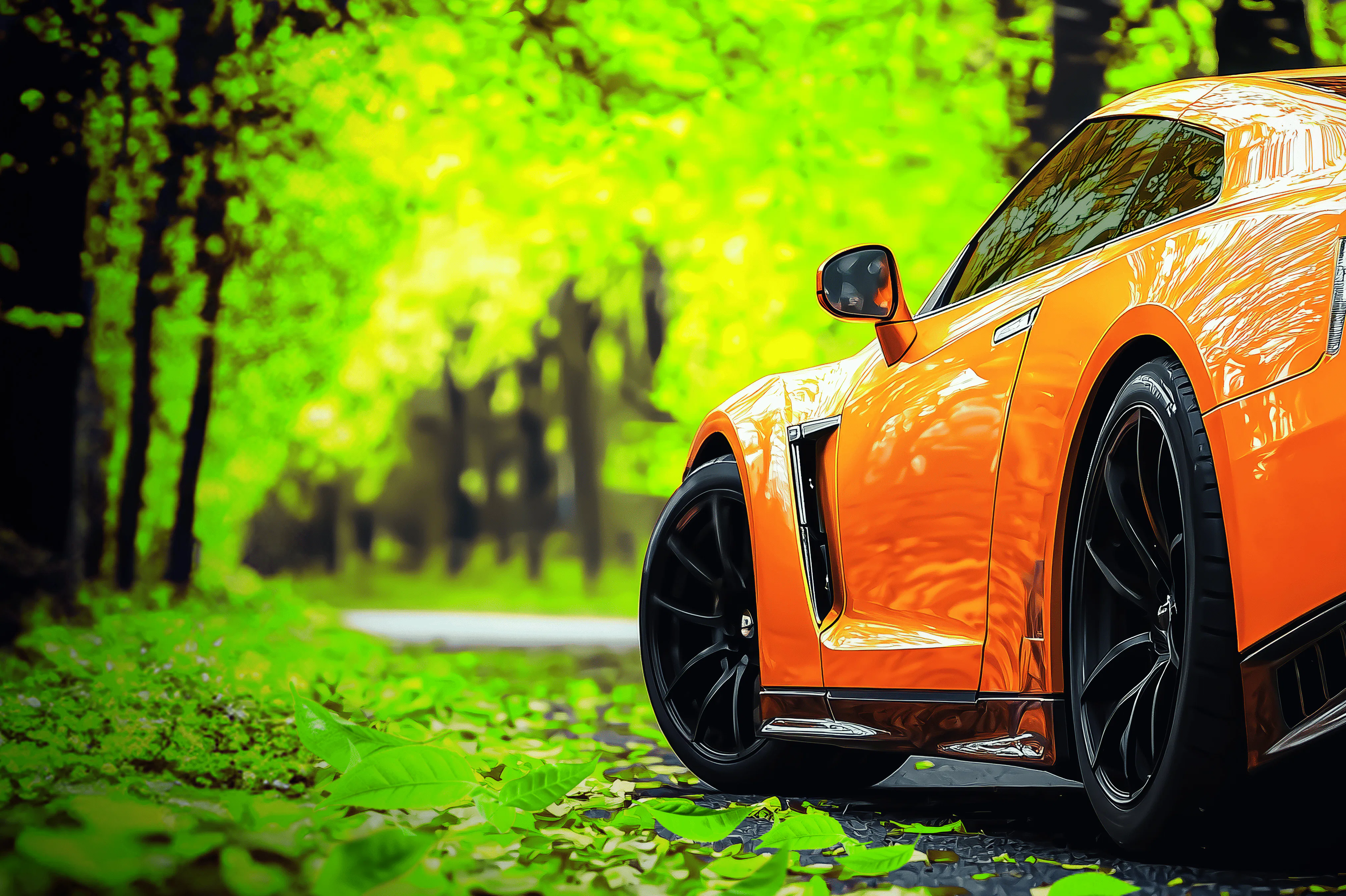 Sportwagen mit glänzendem, orangefarbenem Lack in grünem Wald (KI-generiert) Sportwagen mit glänzendem, orangefarbenem Lack in grünem Wald (KI-generiert)