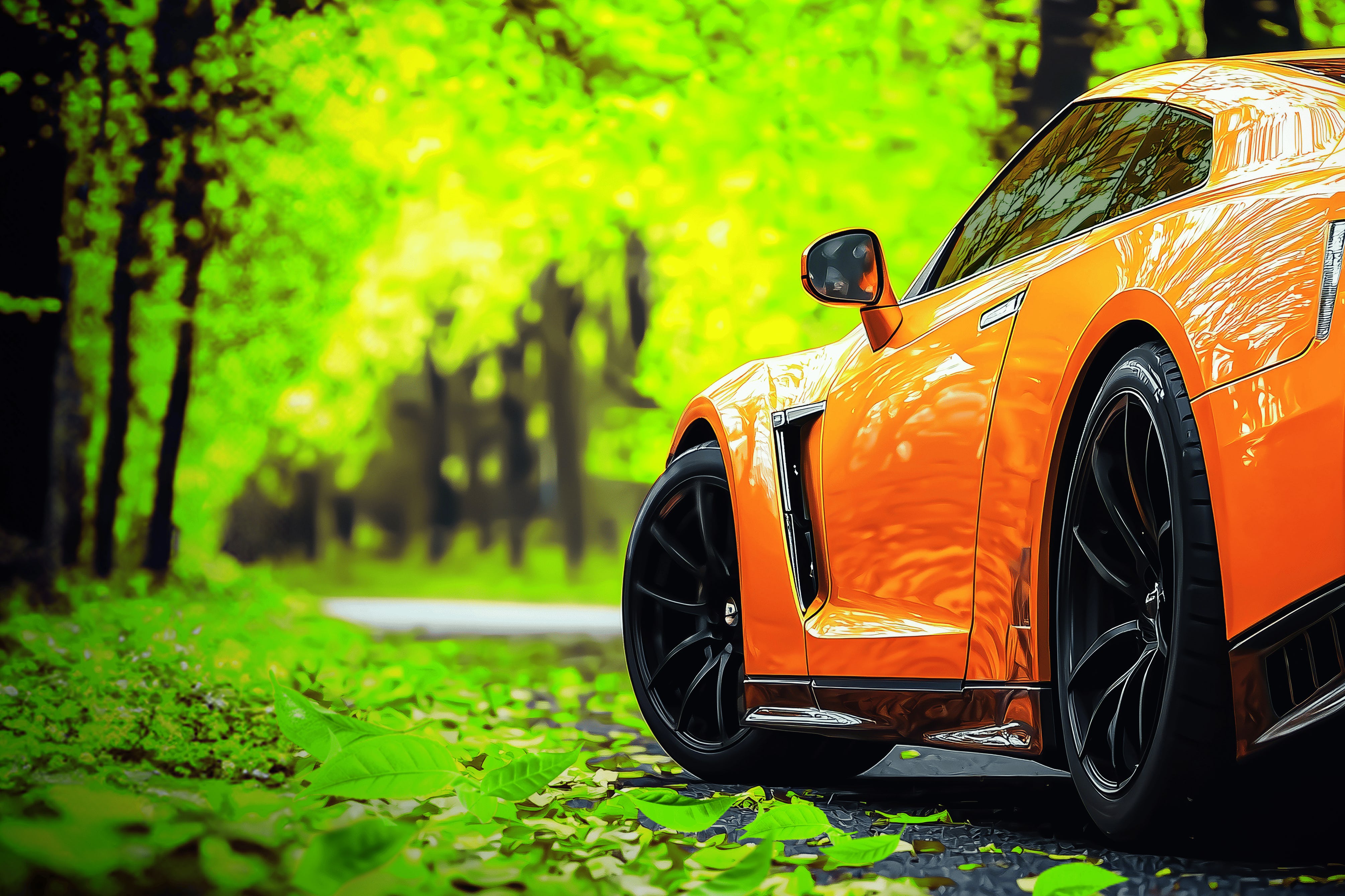 Sports car with glossy orange paint in green forest (AI-generated) Sports car with glossy orange paint in green forest (AI-generated)