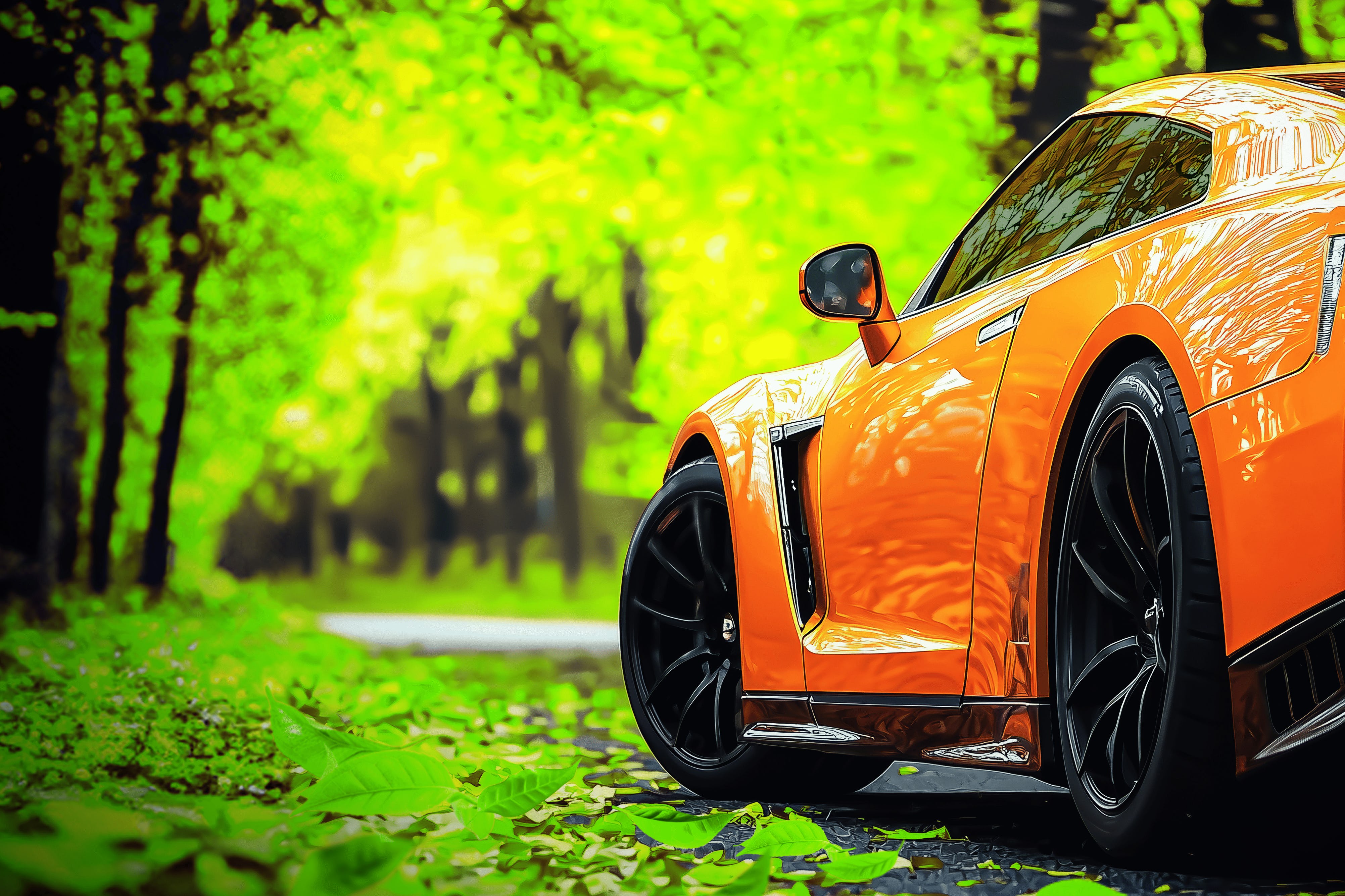 Sports car with glossy orange paint in green forest (AI-generated) Sports car with glossy orange paint in green forest (AI-generated)