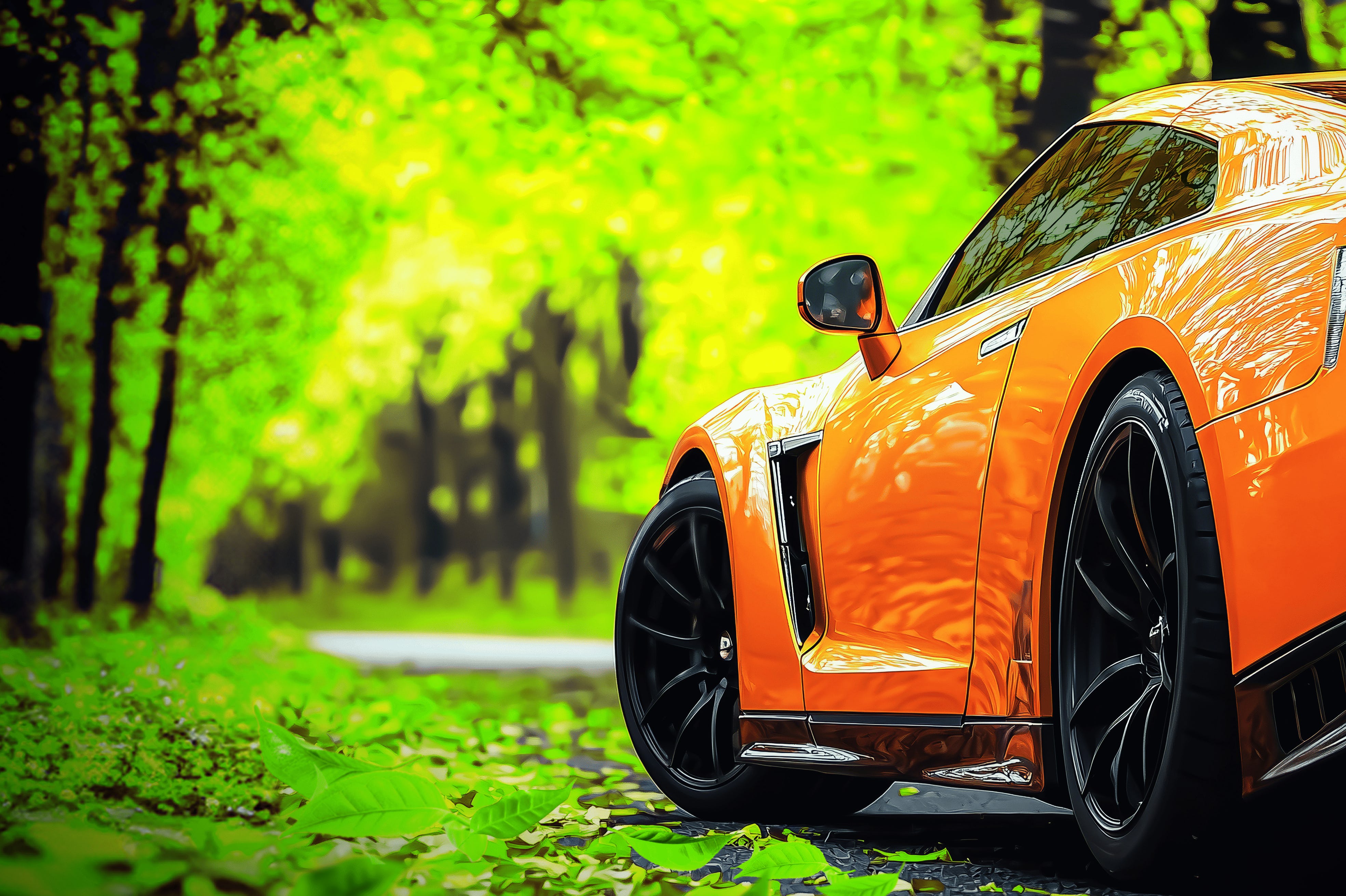 Sports car with glossy orange paint in green forest (AI-generated) Sports car with glossy orange paint in green forest (AI-generated)