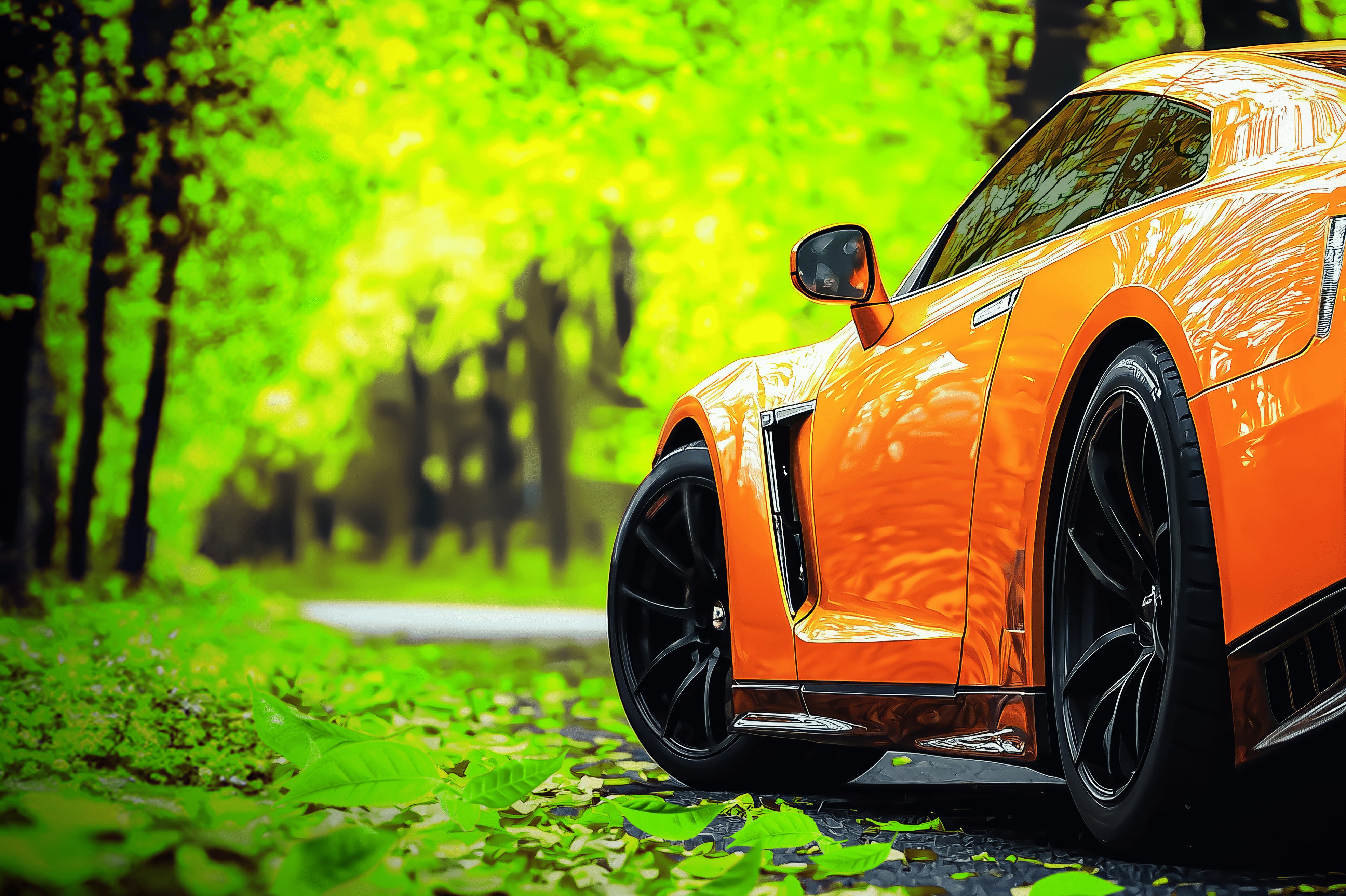 Sportwagen mit glänzendem, orangefarbenem Lack in grünem Wald (KI-generiert) Sportwagen mit glänzendem, orangefarbenem Lack in grünem Wald (KI-generiert)