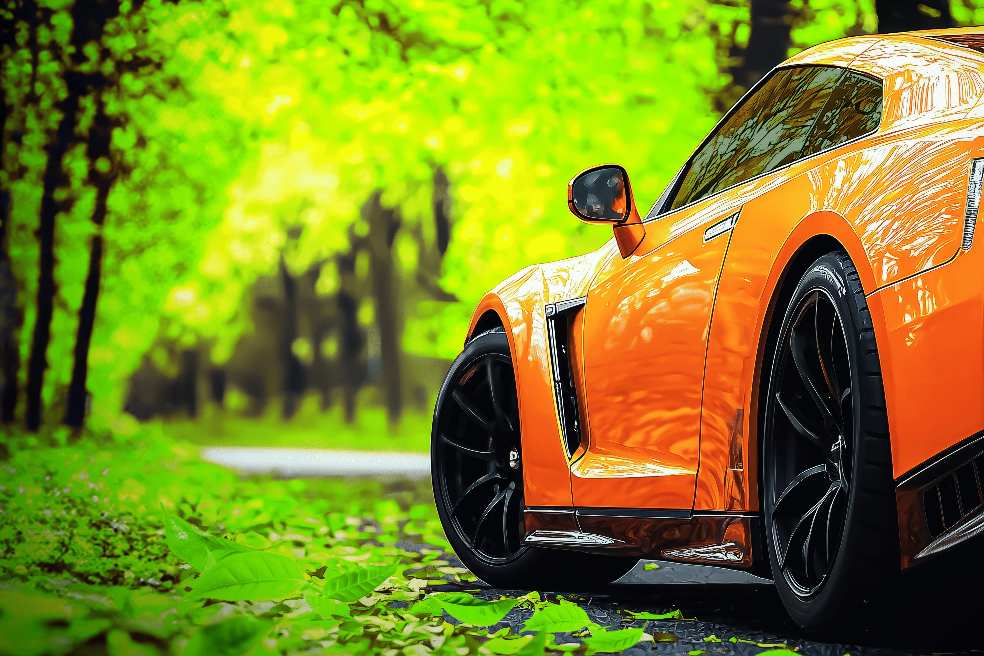 Sportwagen mit glänzendem, orangefarbenem Lack in grünem Wald (KI-generiert) Sportwagen mit glänzendem, orangefarbenem Lack in grünem Wald (KI-generiert)