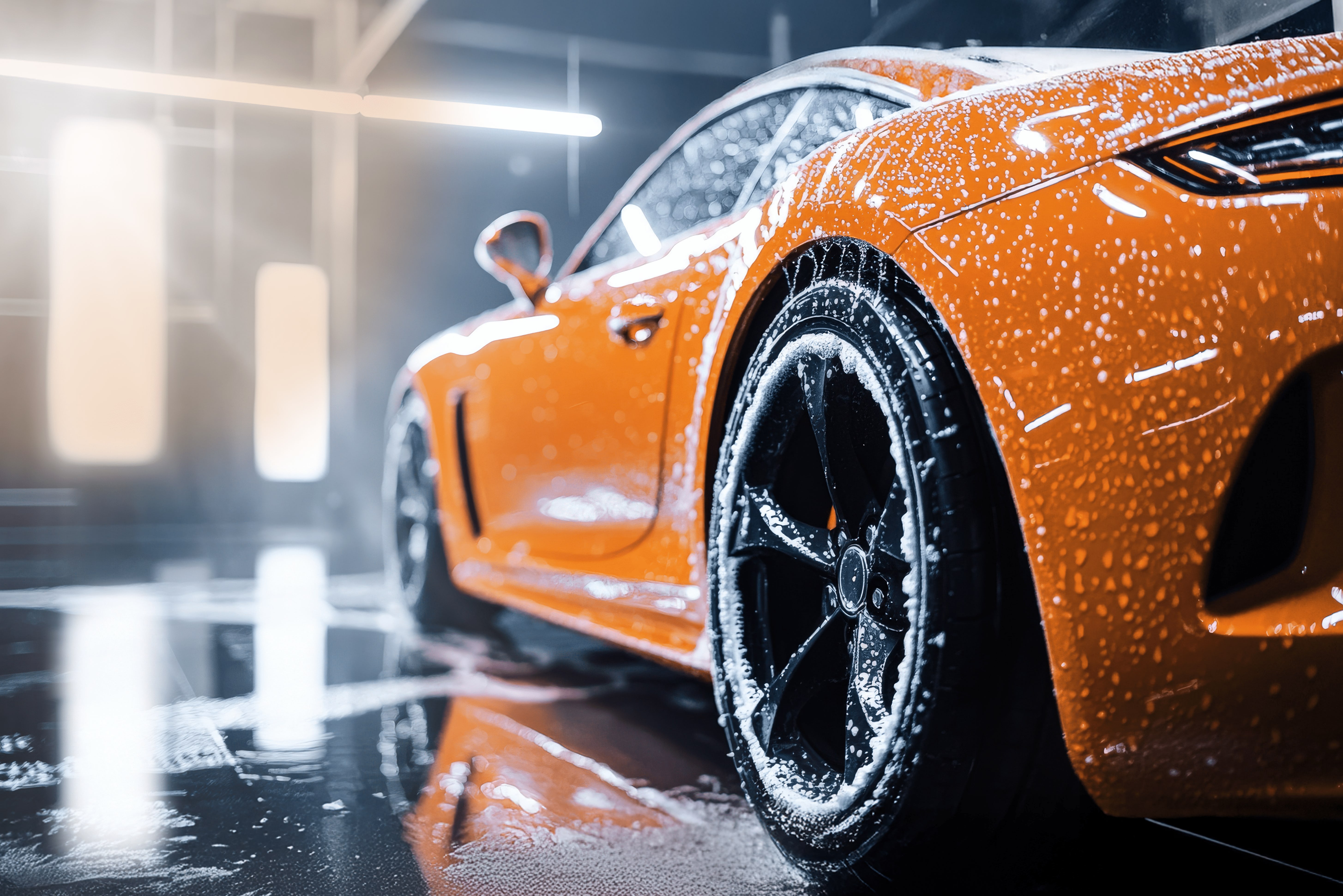 Professional car detailing with shampoo and foam on a orange sports car (KI generated) Professional car detailing with shampoo and foam on a orange sports car (KI generated)