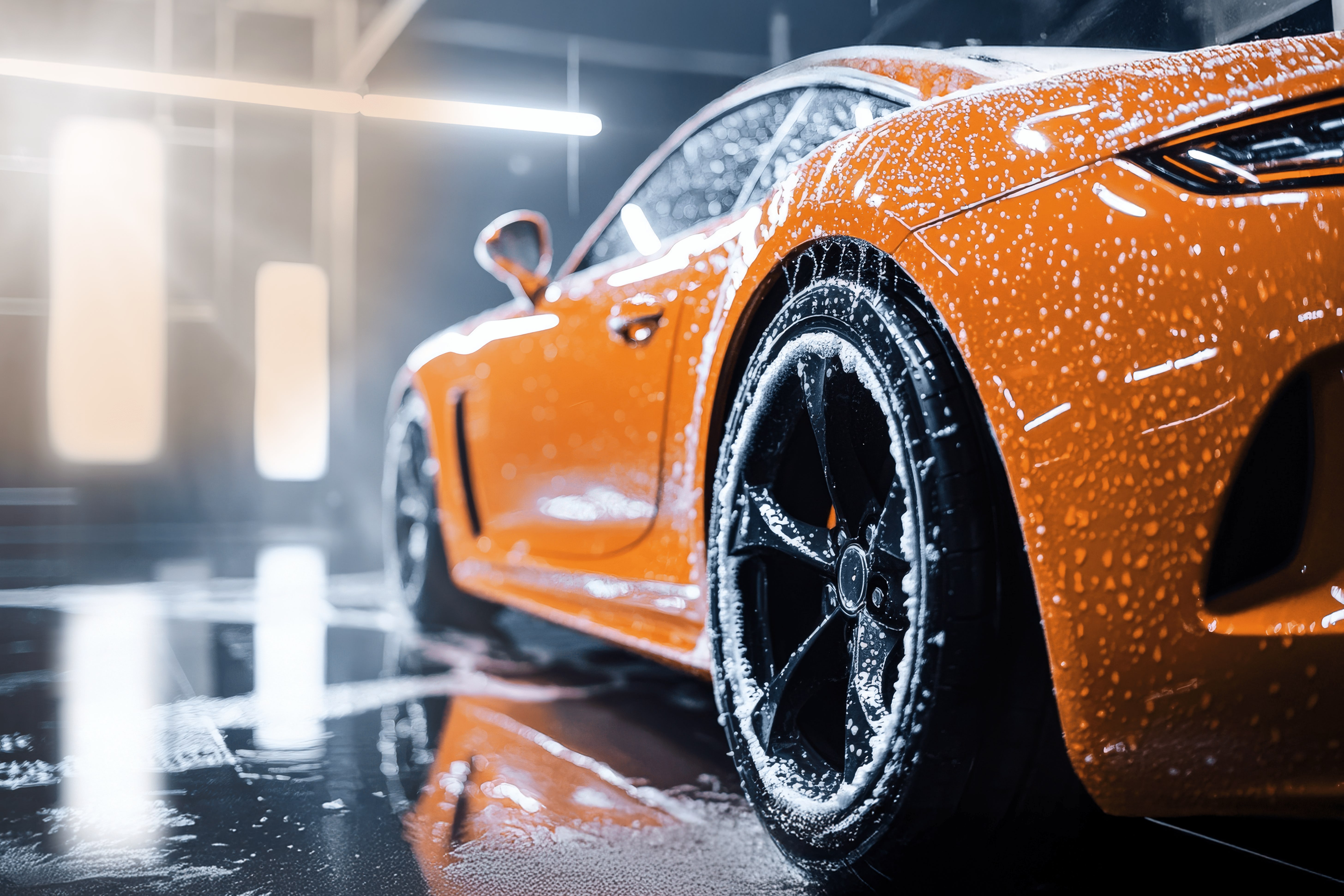 Professional car detailing with shampoo and foam on a orange sports car (KI generated) Professional car detailing with shampoo and foam on a orange sports car (KI generated)