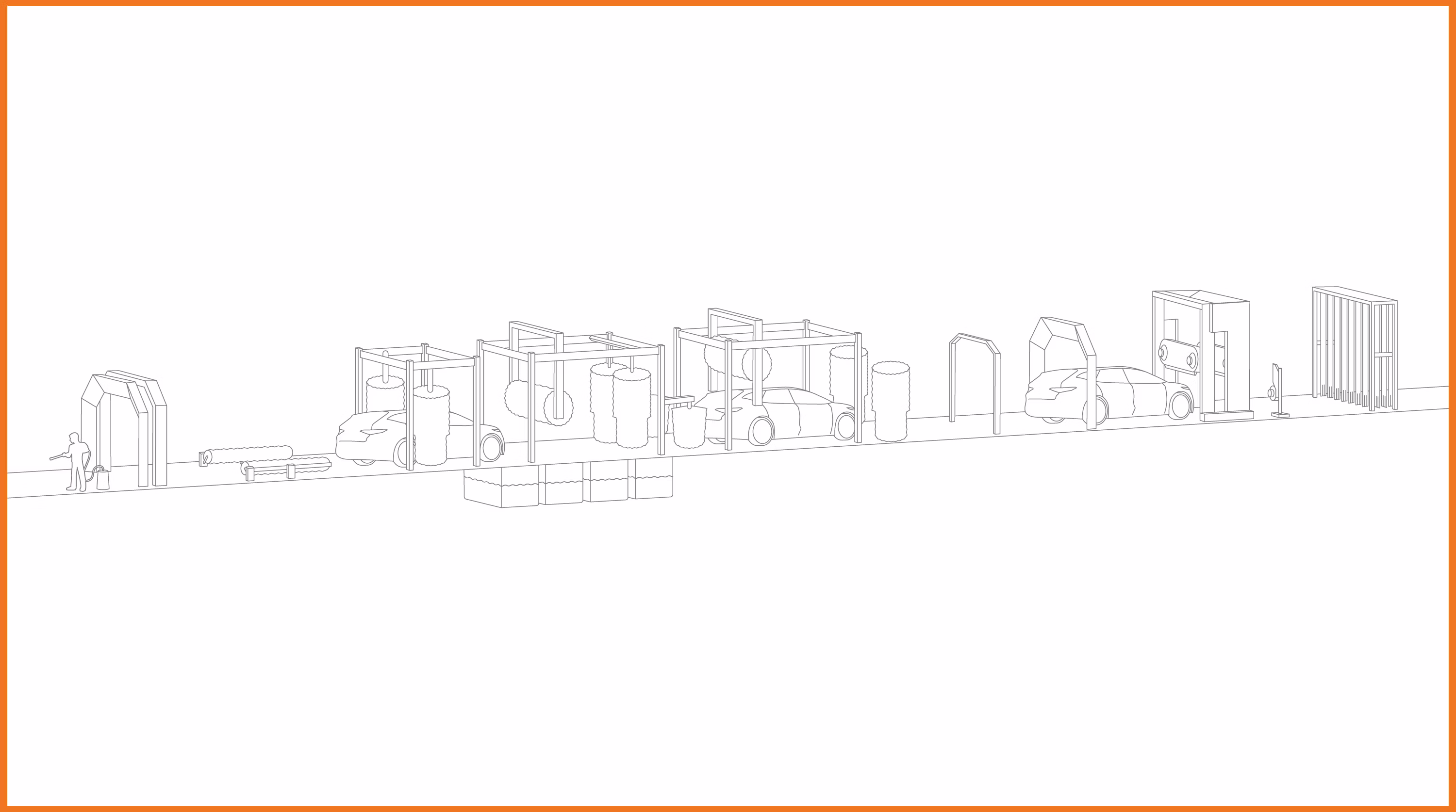 Outline illustration of a car wash with orange border Outline illustration of a car wash with orange border