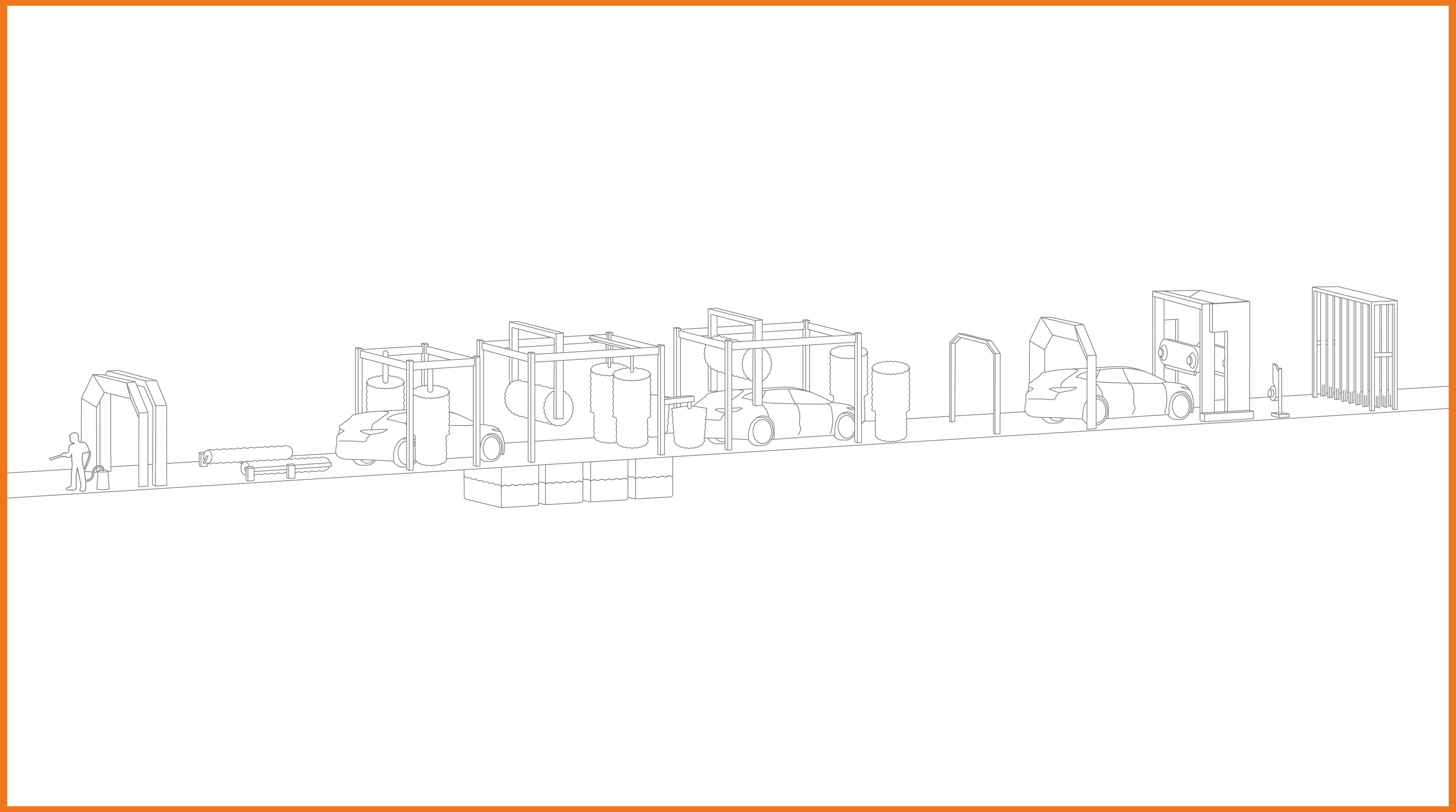 Outline illustration of a car wash with orange border Outline illustration of a car wash with orange border