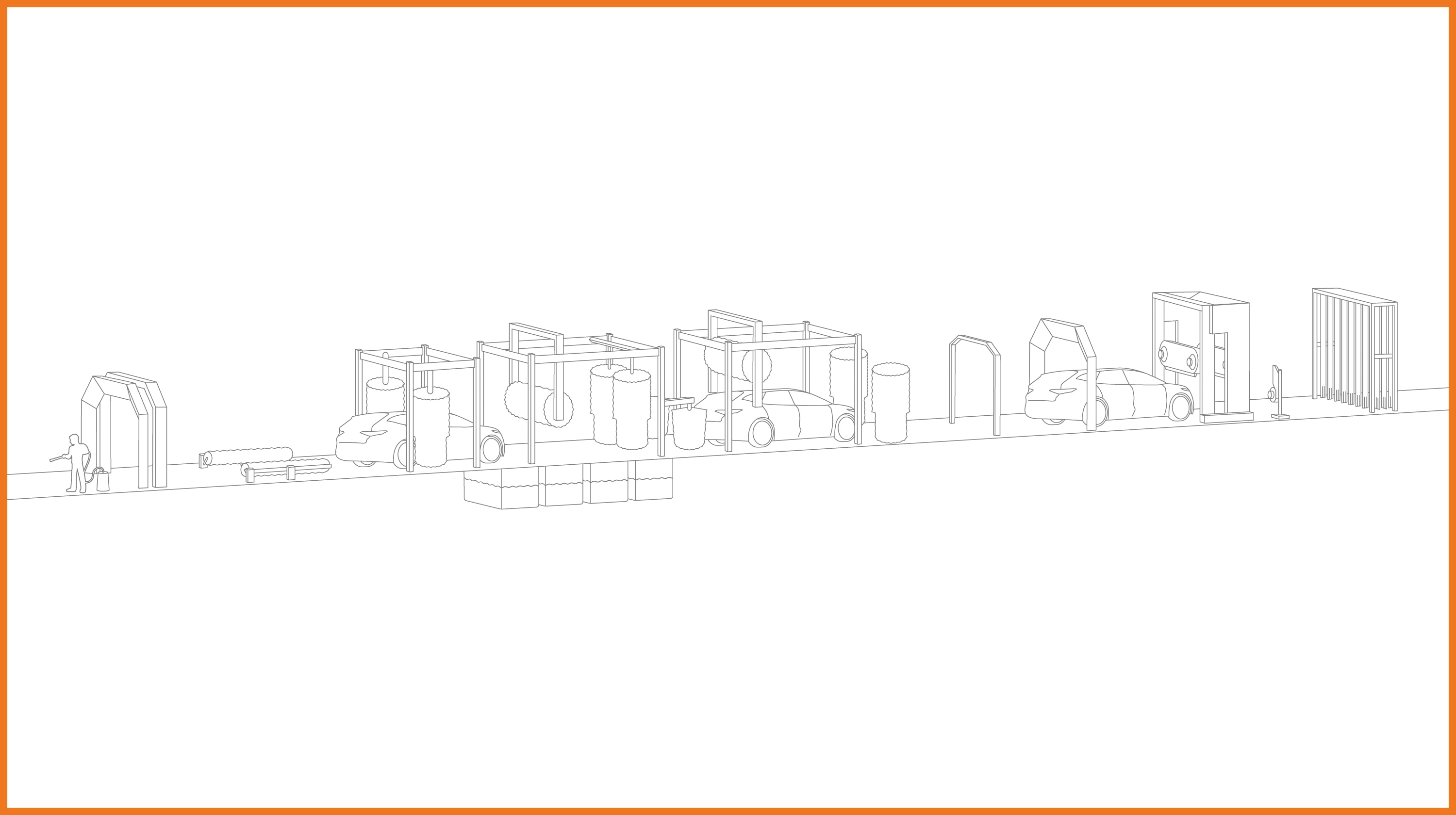 Schematische Darstellung einer Autowaschanlage mit orangefarbener Umrandung Schematische Darstellung einer Autowaschanlage mit orangefarbener Umrandung