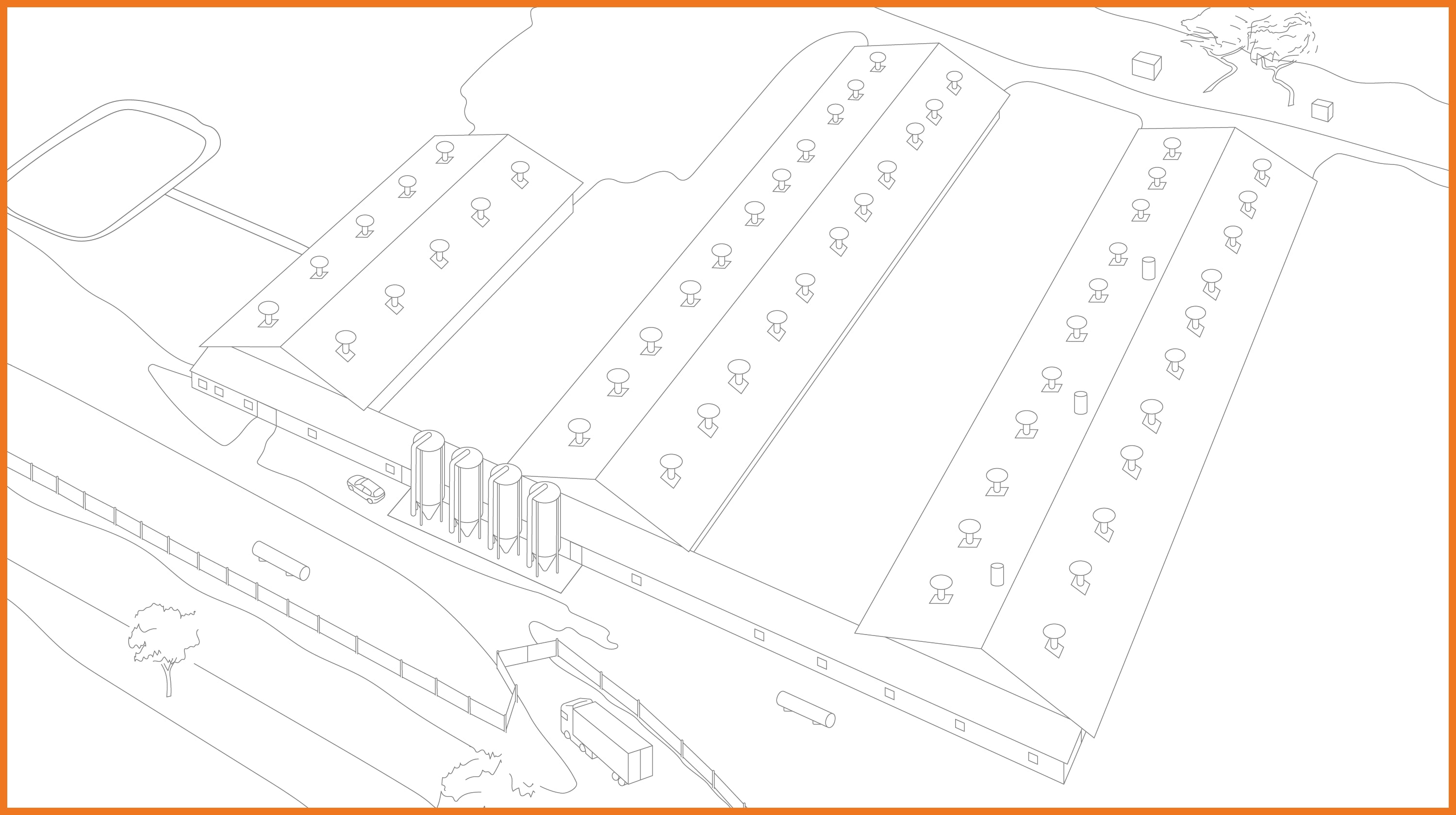 Illustration Poultry house outside with orange border Illustration Poultry house outside with orange border