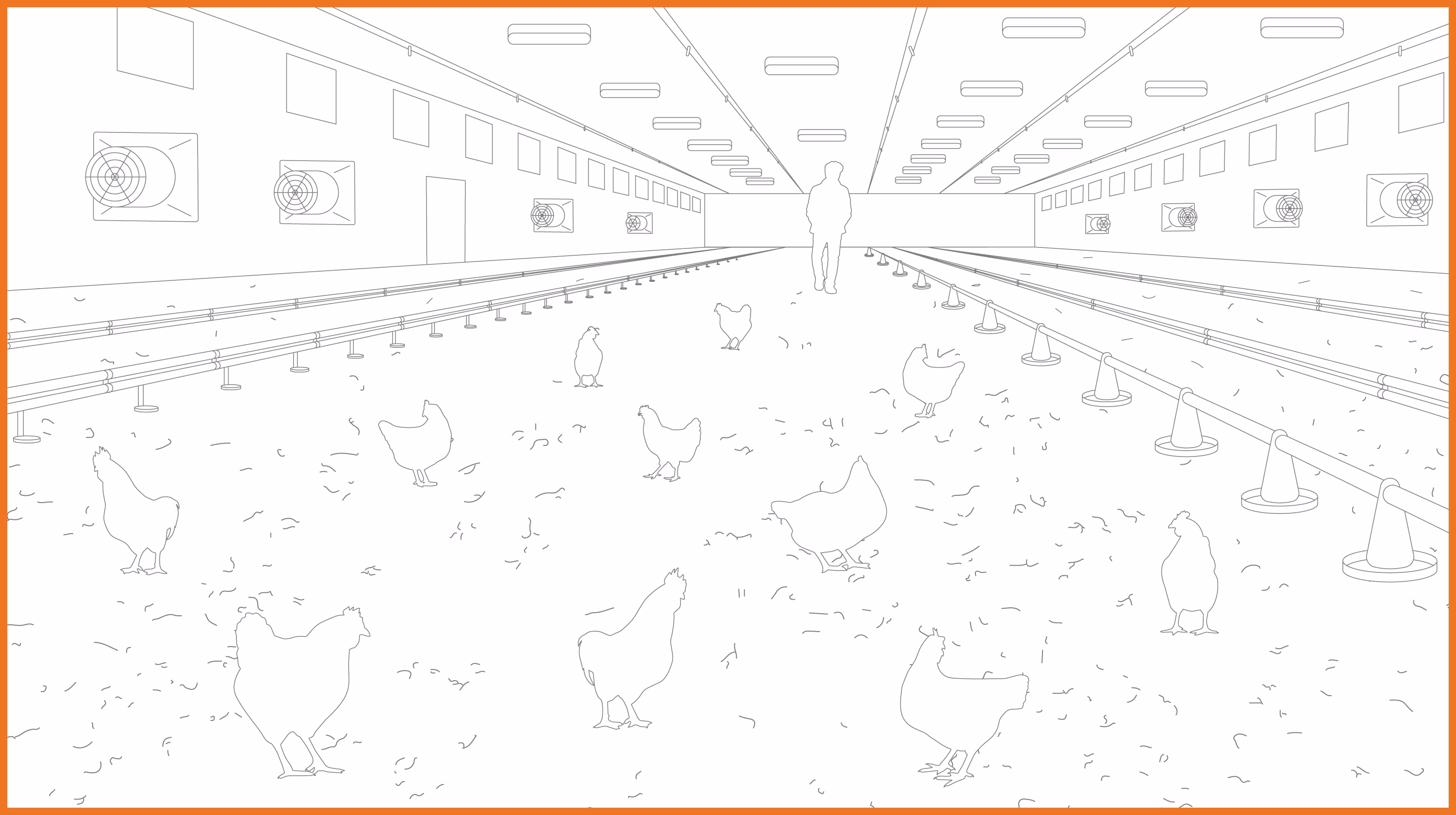 Illustration Poultry house inside with orange border Illustration Poultry house inside with orange border