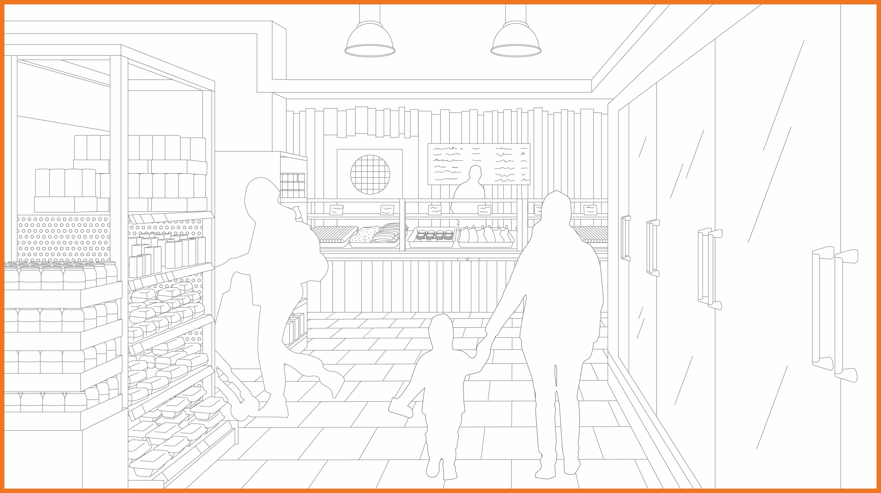 Illustration of a supermarket corridor with orange border Illustration of a supermarket corridor with orange border