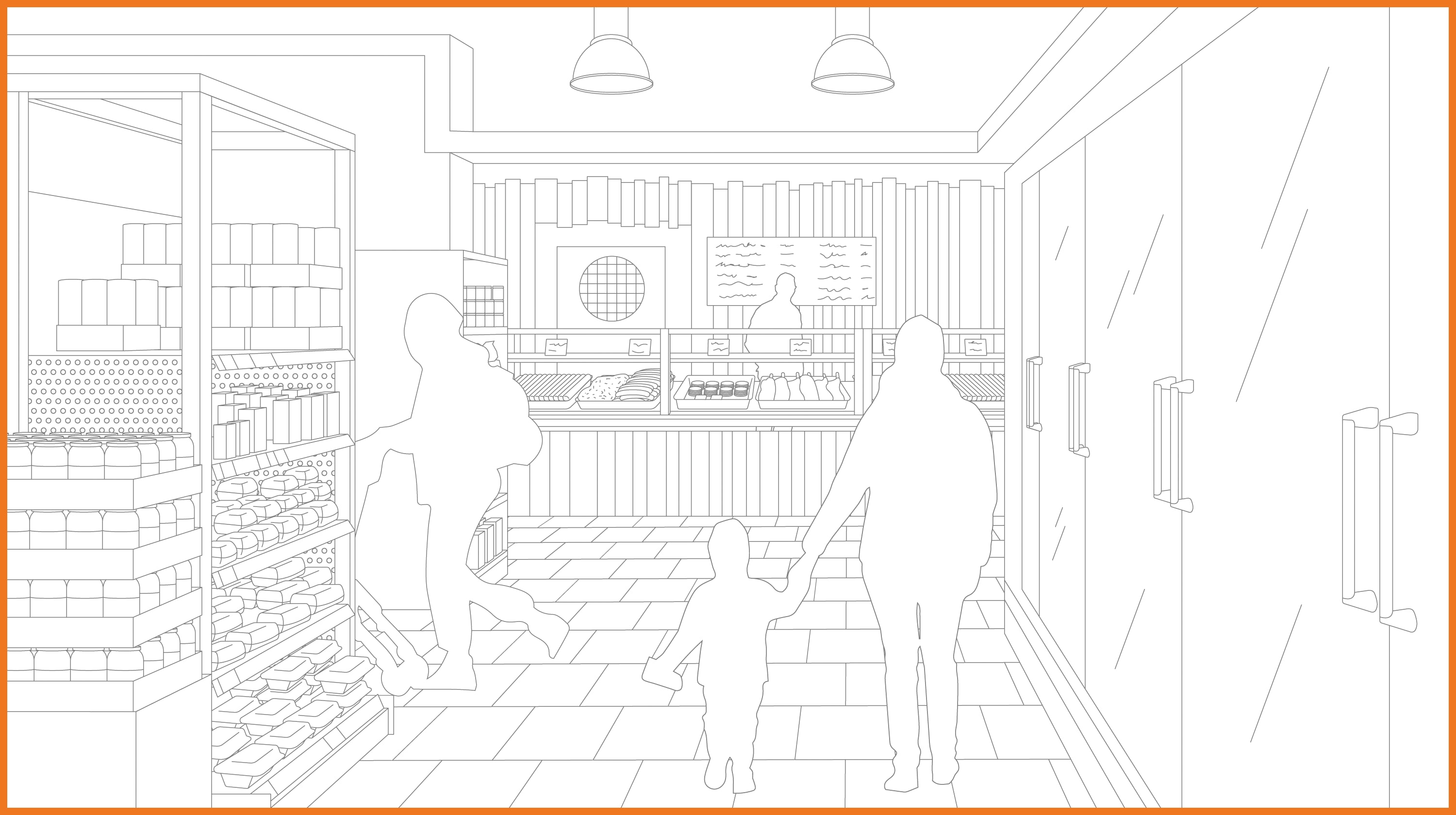 Illustration of a supermarket corridor with orange border Illustration of a supermarket corridor with orange border