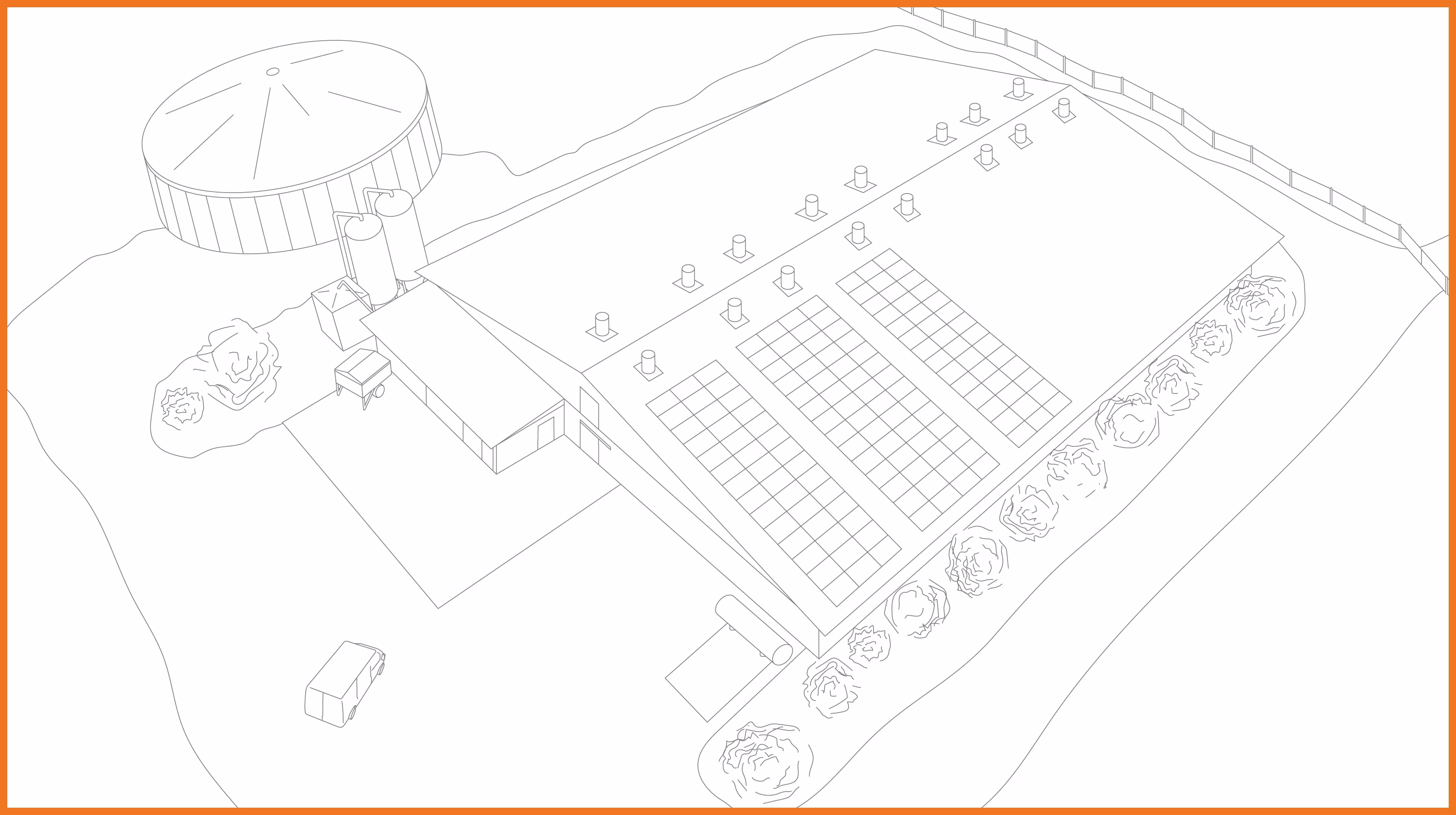 Illustration of pigsty outside with orange border Illustration of pigsty outside with orange border