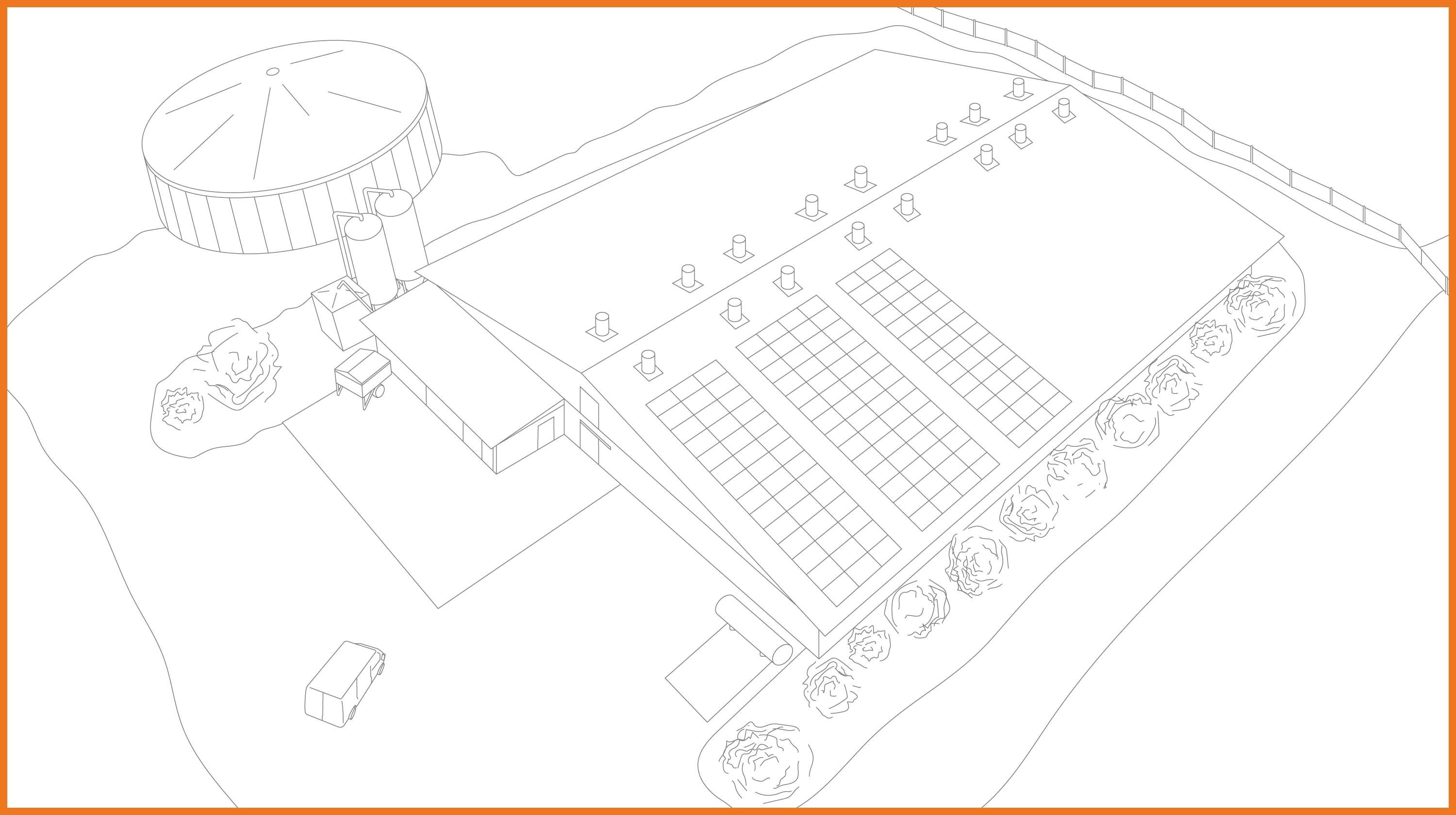 Illustration of pigsty outside with orange border Illustration of pigsty outside with orange border