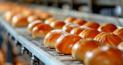 Brötchen auf dem Fließband Brötchen auf dem Fließband