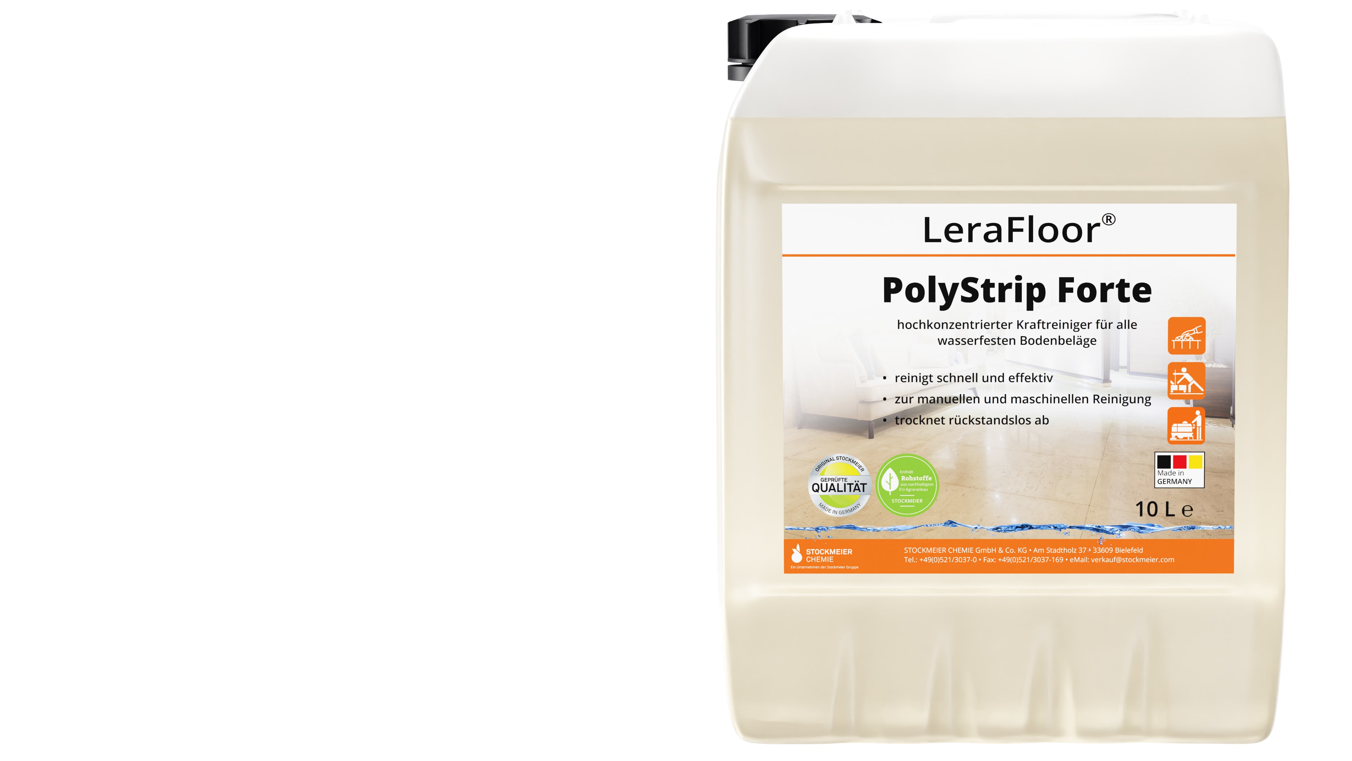 LeraFloor® PolyStrip Forte 12x1l handle bottle made of 100% recyclate, 10 liter canister LeraFloor® PolyStrip Forte 12x1l handle bottle made of 100% recyclate, 10 liter canister