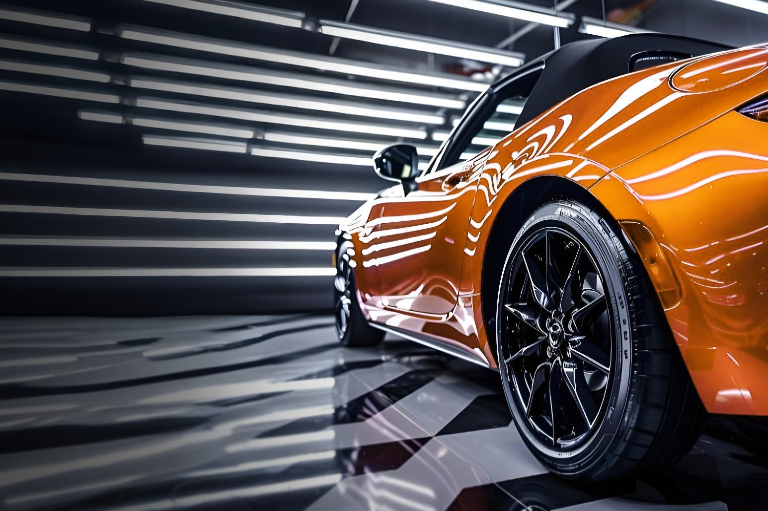 Professionelles Autodetailing mit glänzend schimmerndem Lack auf einem orangefarbenen Sportwagen (KI generiert) Professionelles Autodetailing mit glänzend schimmerndem Lack auf einem orangefarbenen Sportwagen (KI generiert)