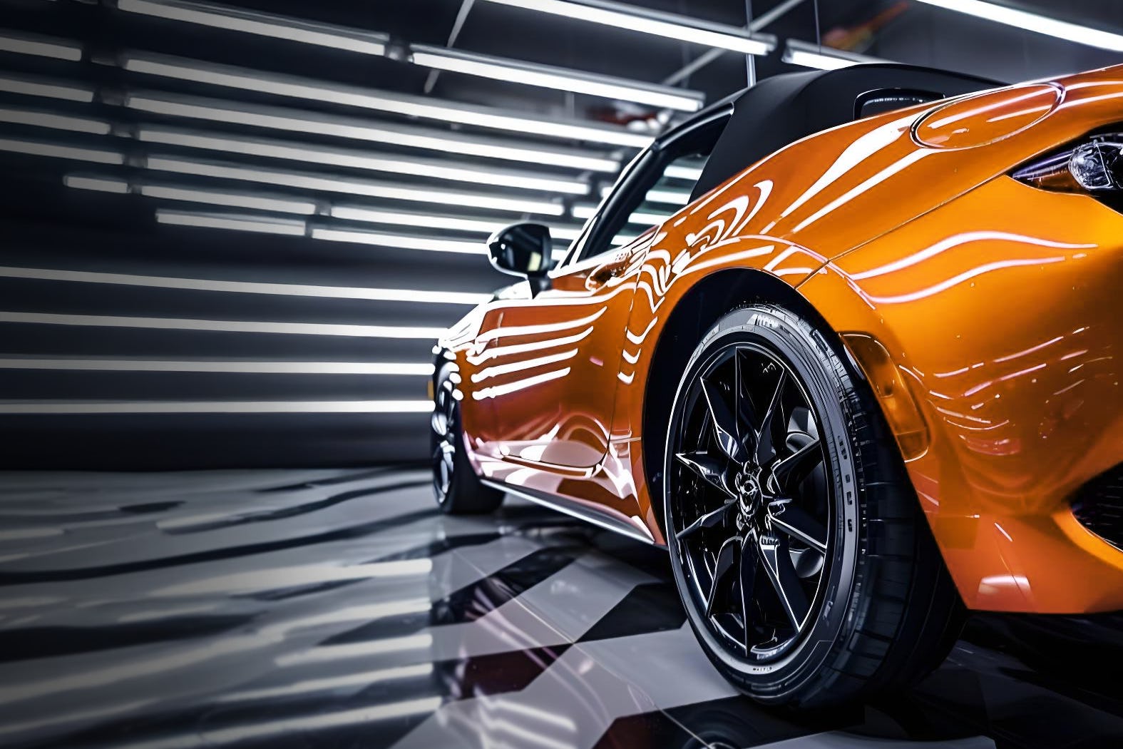 Professional car detailing with glossy shimmering paint on a orange sports car (AI-generated) Professional car detailing with glossy shimmering paint on a orange sports car (AI-generated)