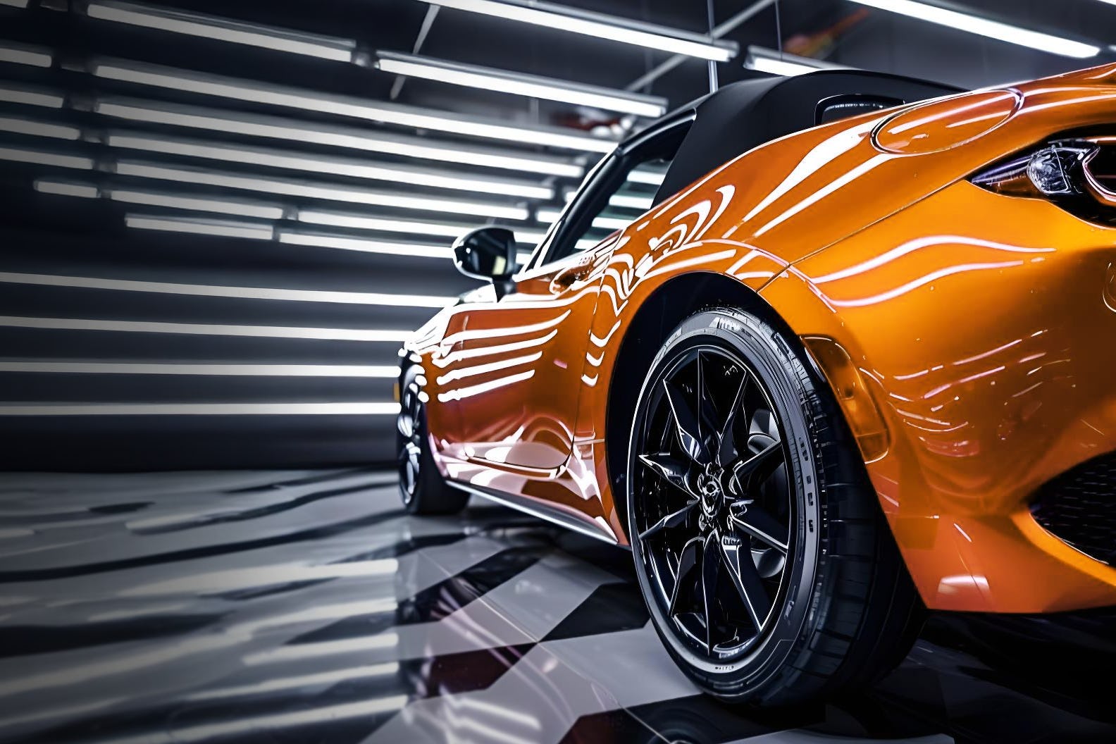 Professionelles Autodetailing mit glänzend schimmerndem Lack auf einem orangefarbenen Sportwagen (KI generiert) Professionelles Autodetailing mit glänzend schimmerndem Lack auf einem orangefarbenen Sportwagen (KI generiert)