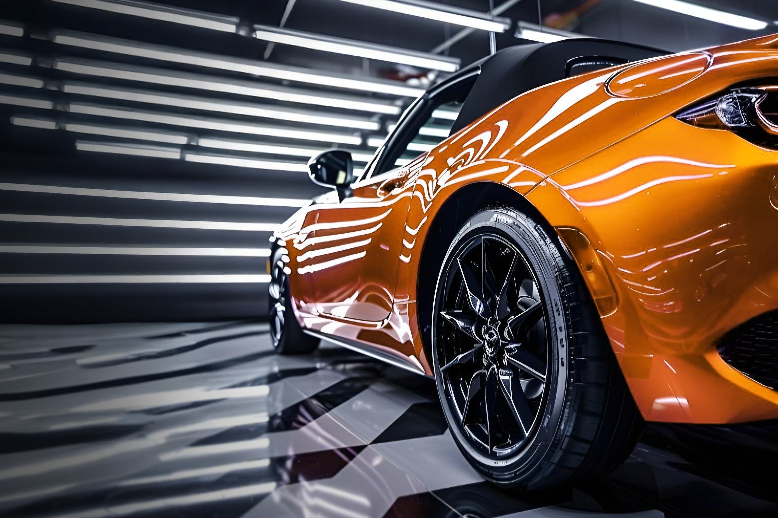 Professional car detailing with glossy shimmering paint on a orange sports car (AI-generated) Professional car detailing with glossy shimmering paint on a orange sports car (AI-generated)