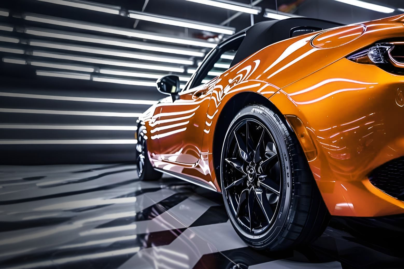 Professional car detailing with glossy shimmering paint on a orange sports car (AI-generated) Professional car detailing with glossy shimmering paint on a orange sports car (AI-generated)