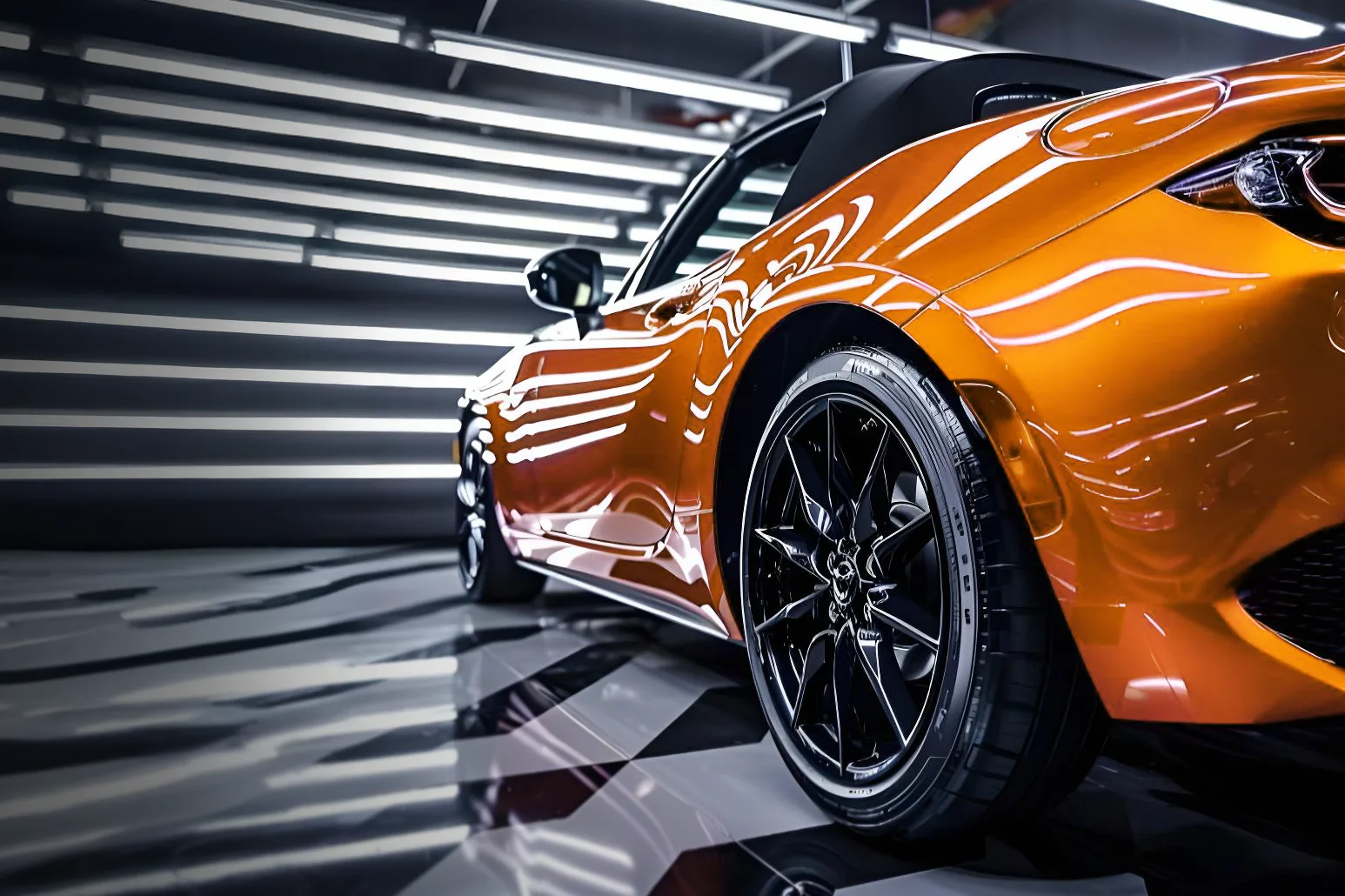 Professionelles Autodetailing mit glänzend schimmerndem Lack auf einem orangefarbenen Sportwagen (KI generiert) Professionelles Autodetailing mit glänzend schimmerndem Lack auf einem orangefarbenen Sportwagen (KI generiert)