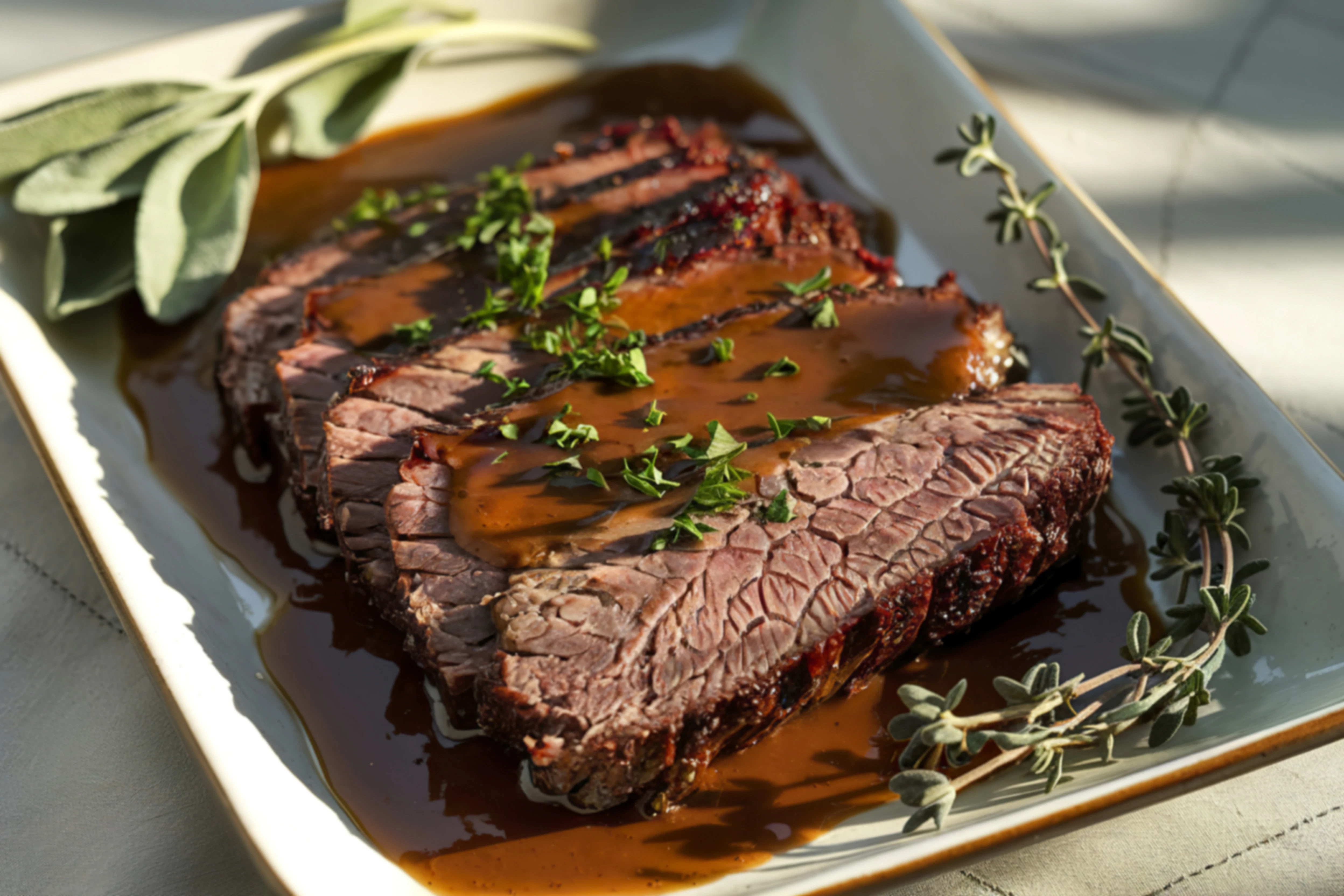 Sliced roast beef with rich gravy Thick slices of roast beef are arranged on a plate and covered with a glossy brown gravy. Fresh herbs are sprinkled on top.