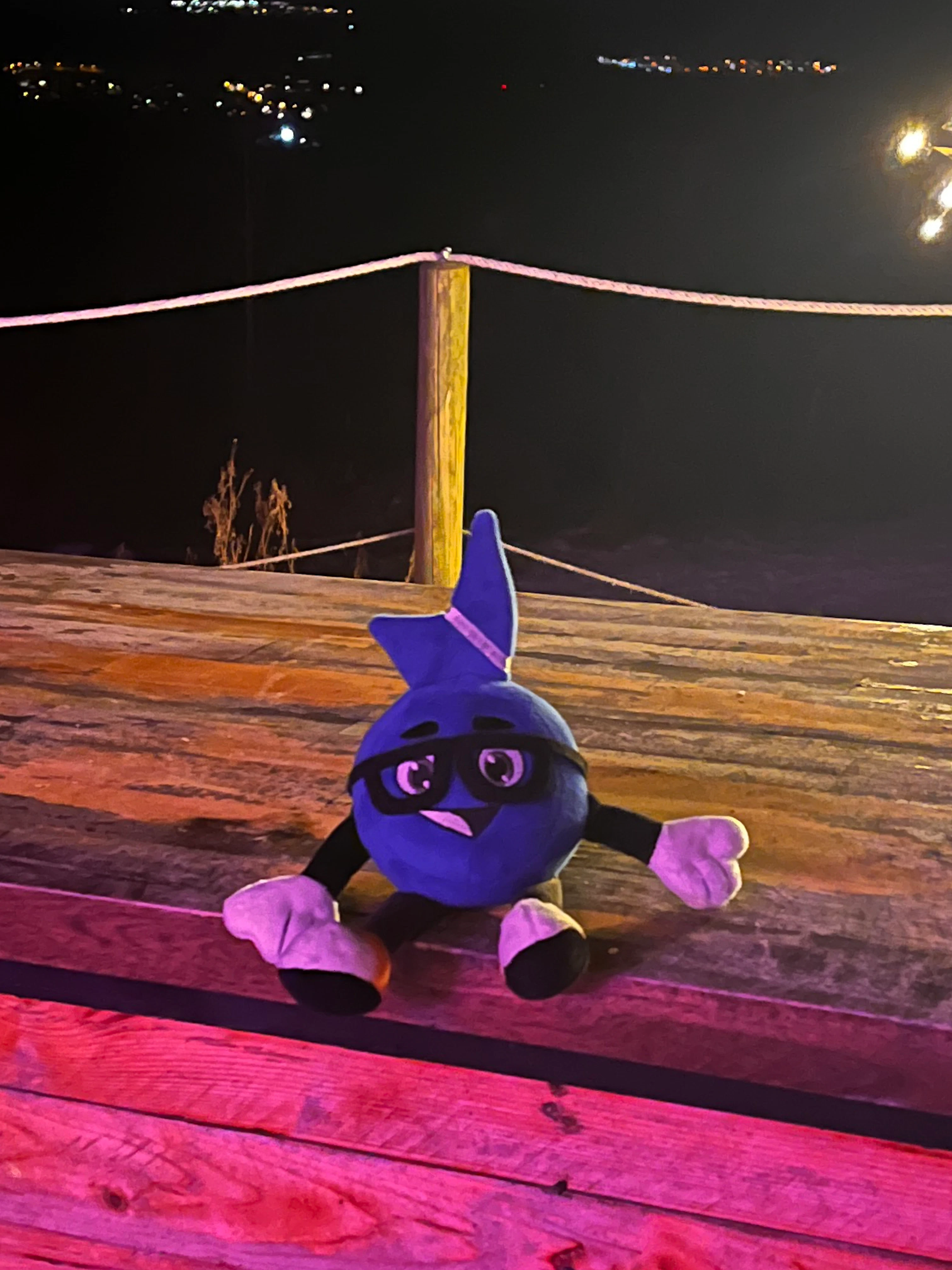 Stobi an der Hütte Lauterbad Stobi sitzt auf einem Tresen vor der Hütte Lauterbad. Unter ihm ist das Logo der Hütte zu sehen