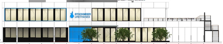 Skizze eines neuen Firmengebäudes mit STOCKMEIER Urethanes Schriftzug an der Fassade