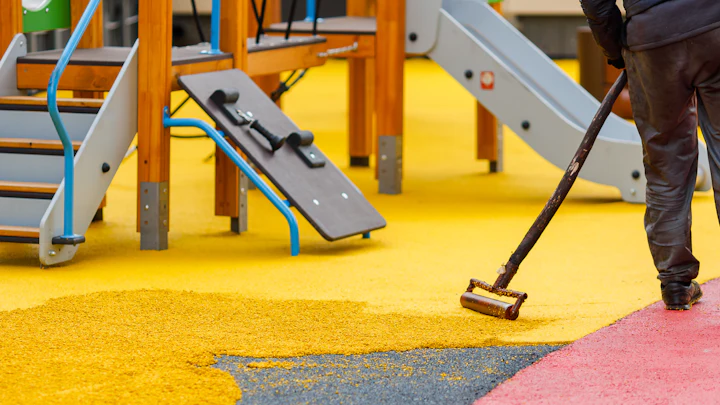 Installation of a playground surface that is a yellow color